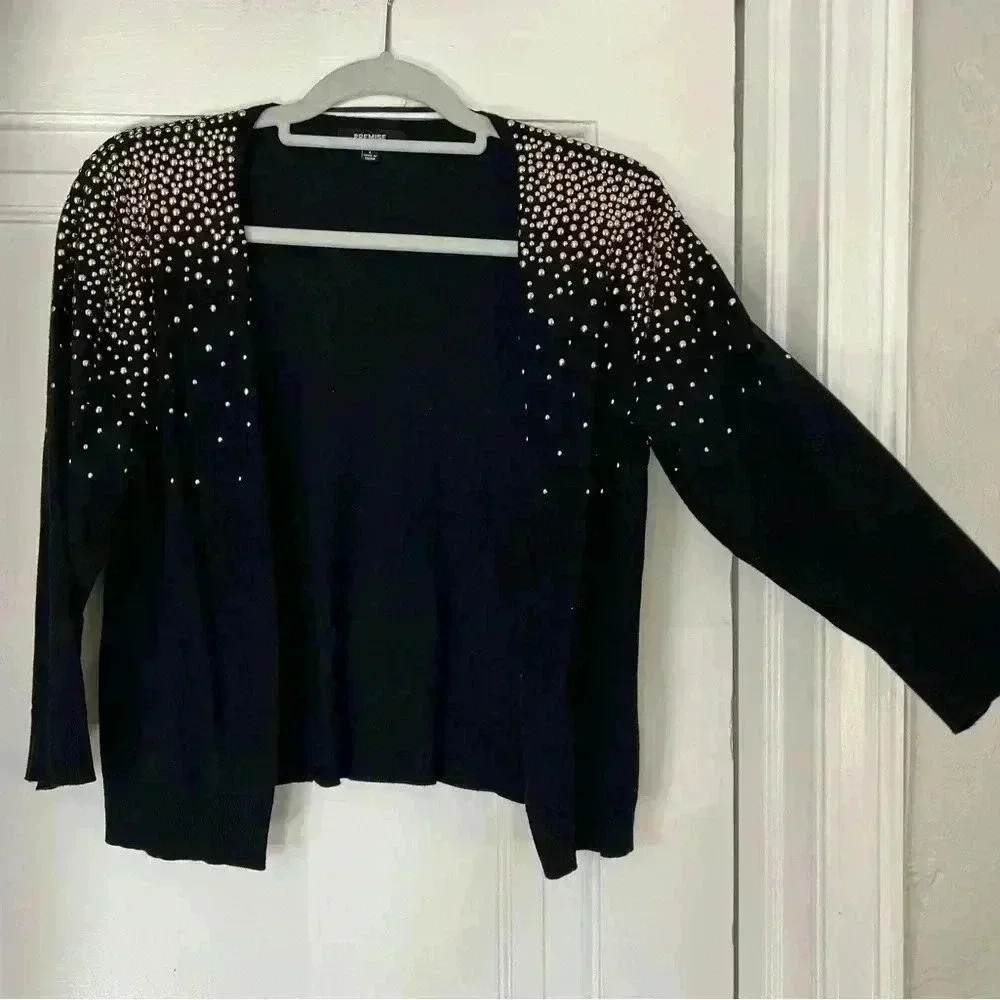 Vintage black knit cardigan with metallic gold details jacket sweater
